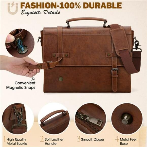 Mens Leather Messenger Bag 17 Inch Laptop Briefcase Waterproof Business Travel - Picture 5 of 7
